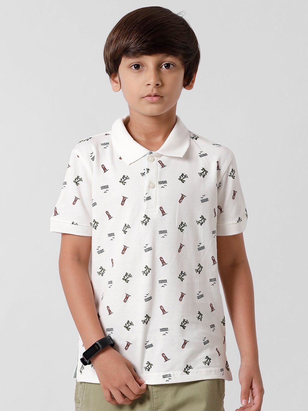 

PIPIN Boys Off White Printed Polo Collar T-shirt