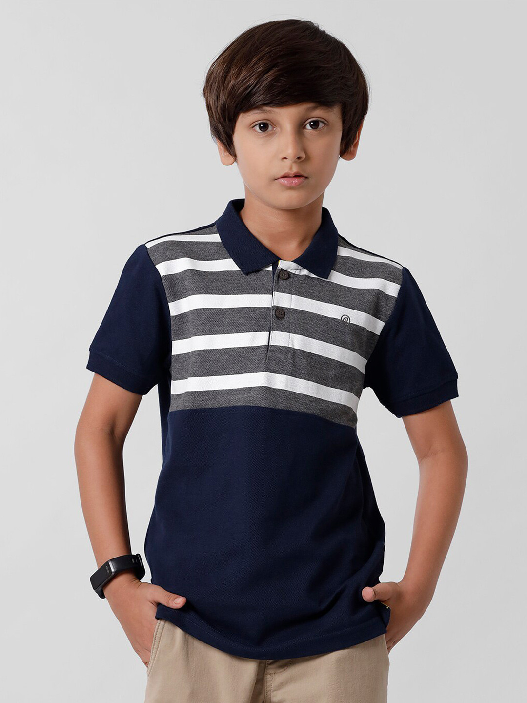 

PIPIN Boys Navy Blue Striped Polo Collar T-shirt