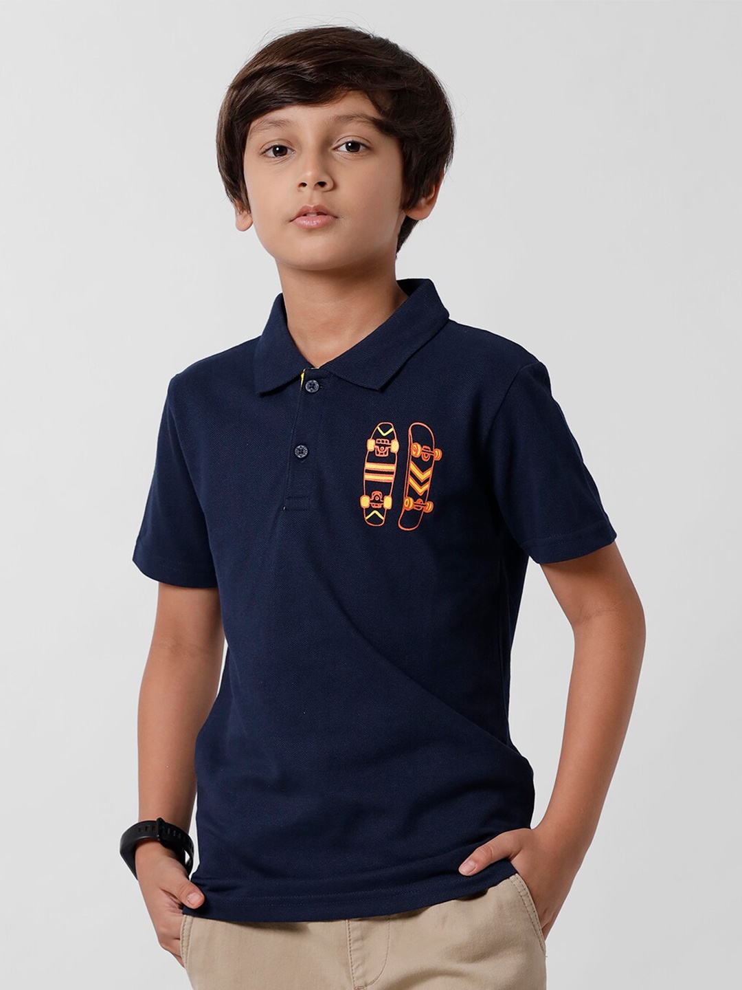 

PIPIN Boys Navy Blue Polo Collar Applique T-shirt