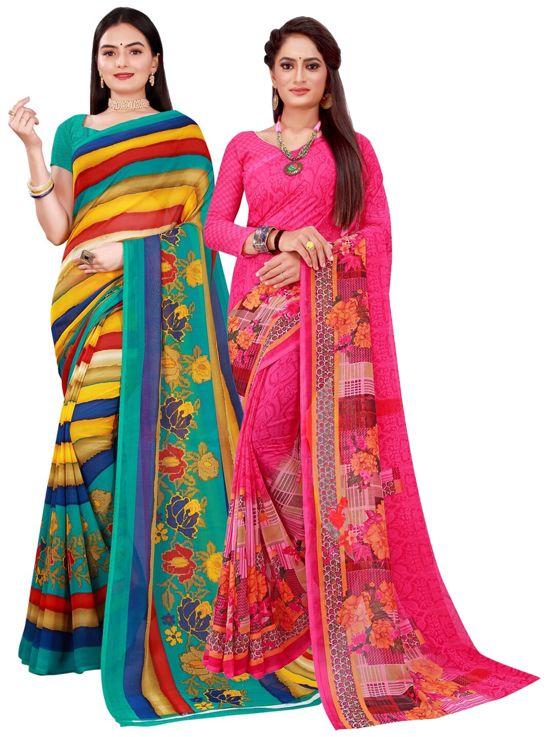 

Florence Yellow & Blue Floral Pure Georgette Saree