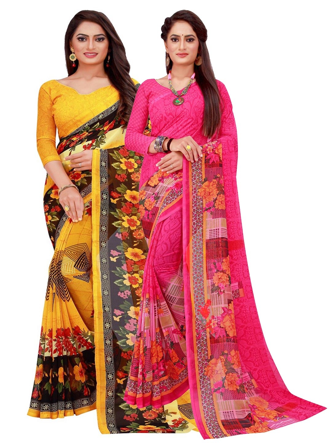 

Florence Yellow & Magenta Pure Georgette Saree