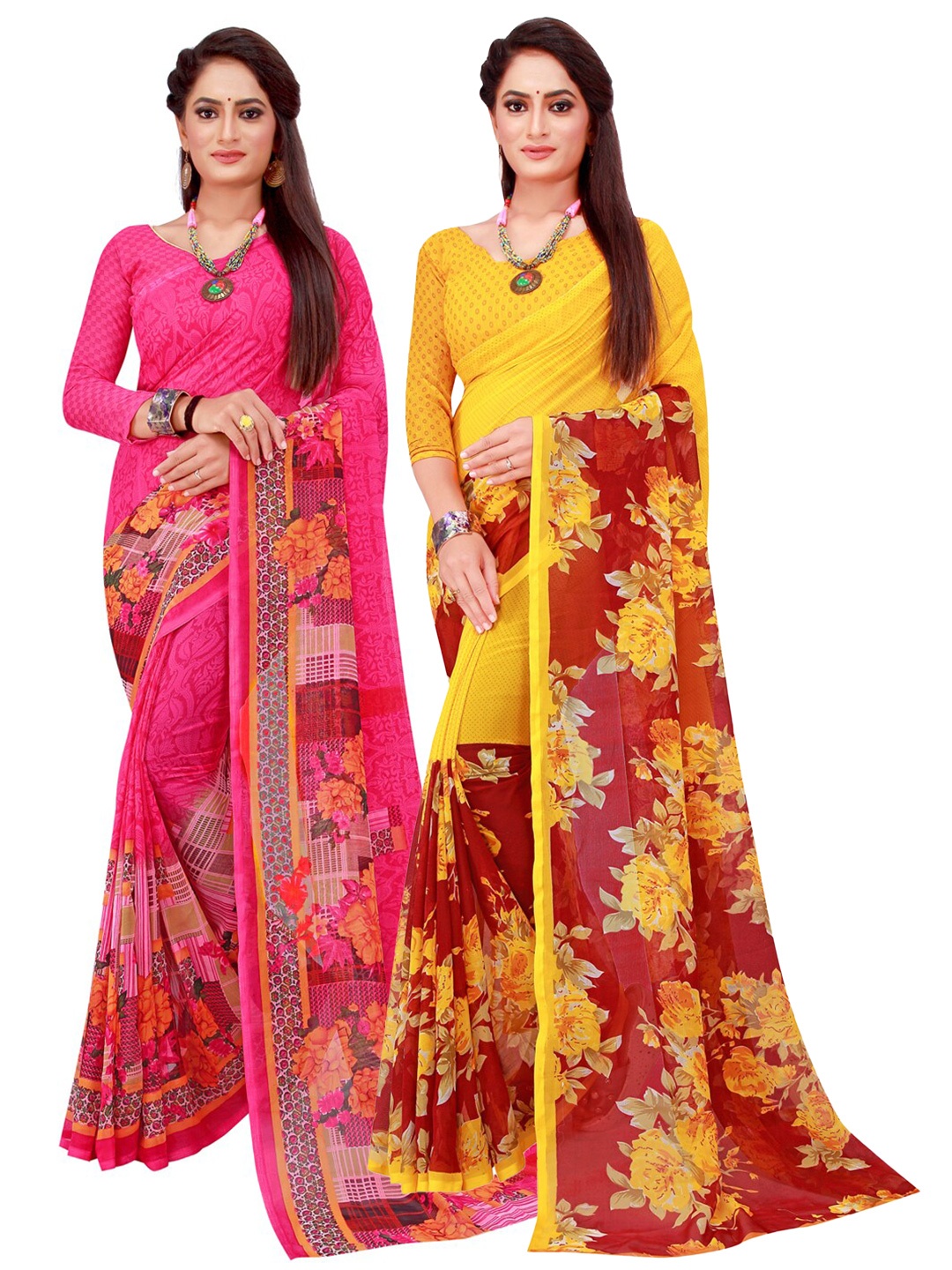 

Florence Yellow & Maroon Floral Pure Georgette Saree