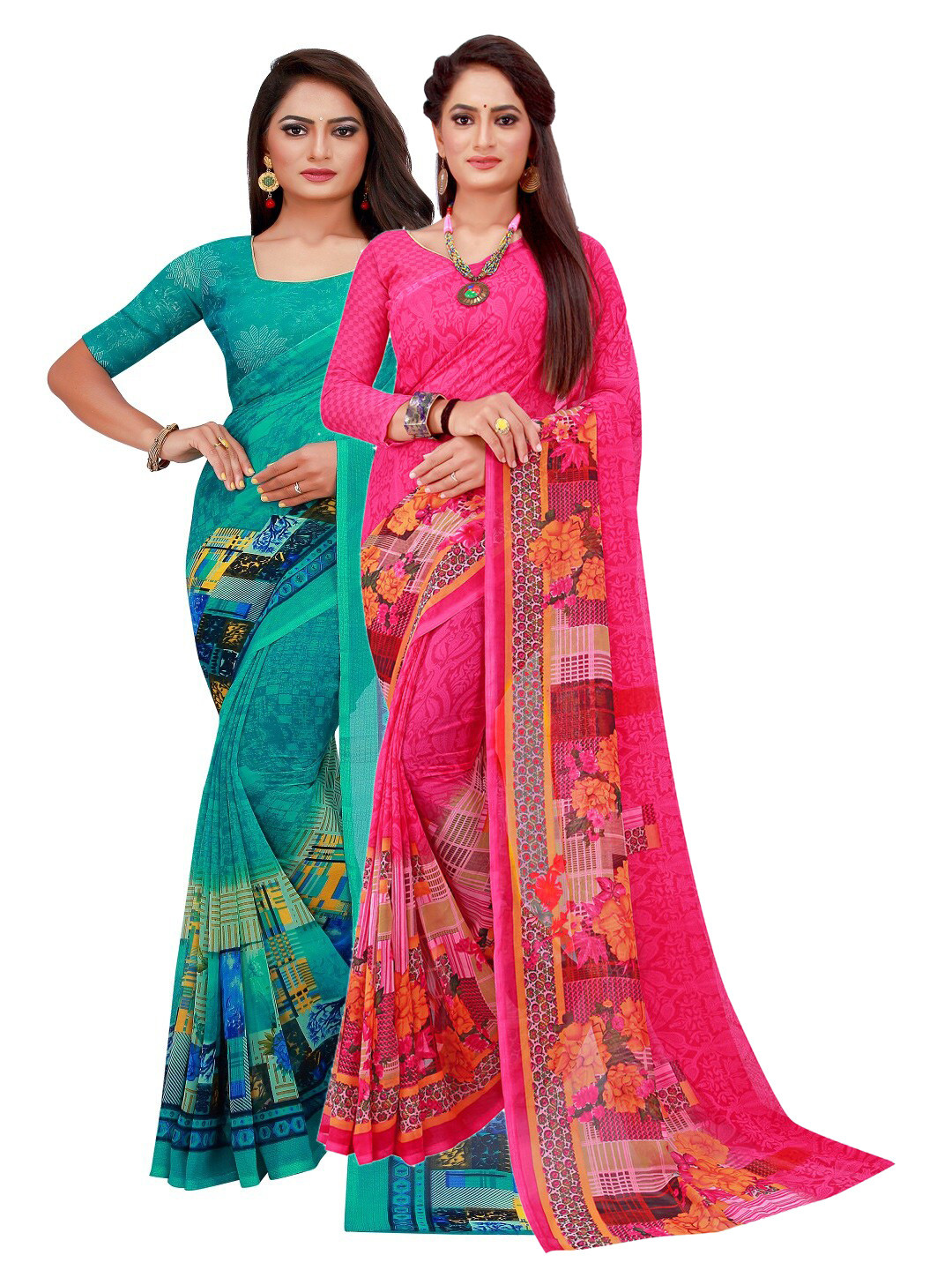

Florence Turquoise Blue & Pink Floral Pure Georgette Saree
