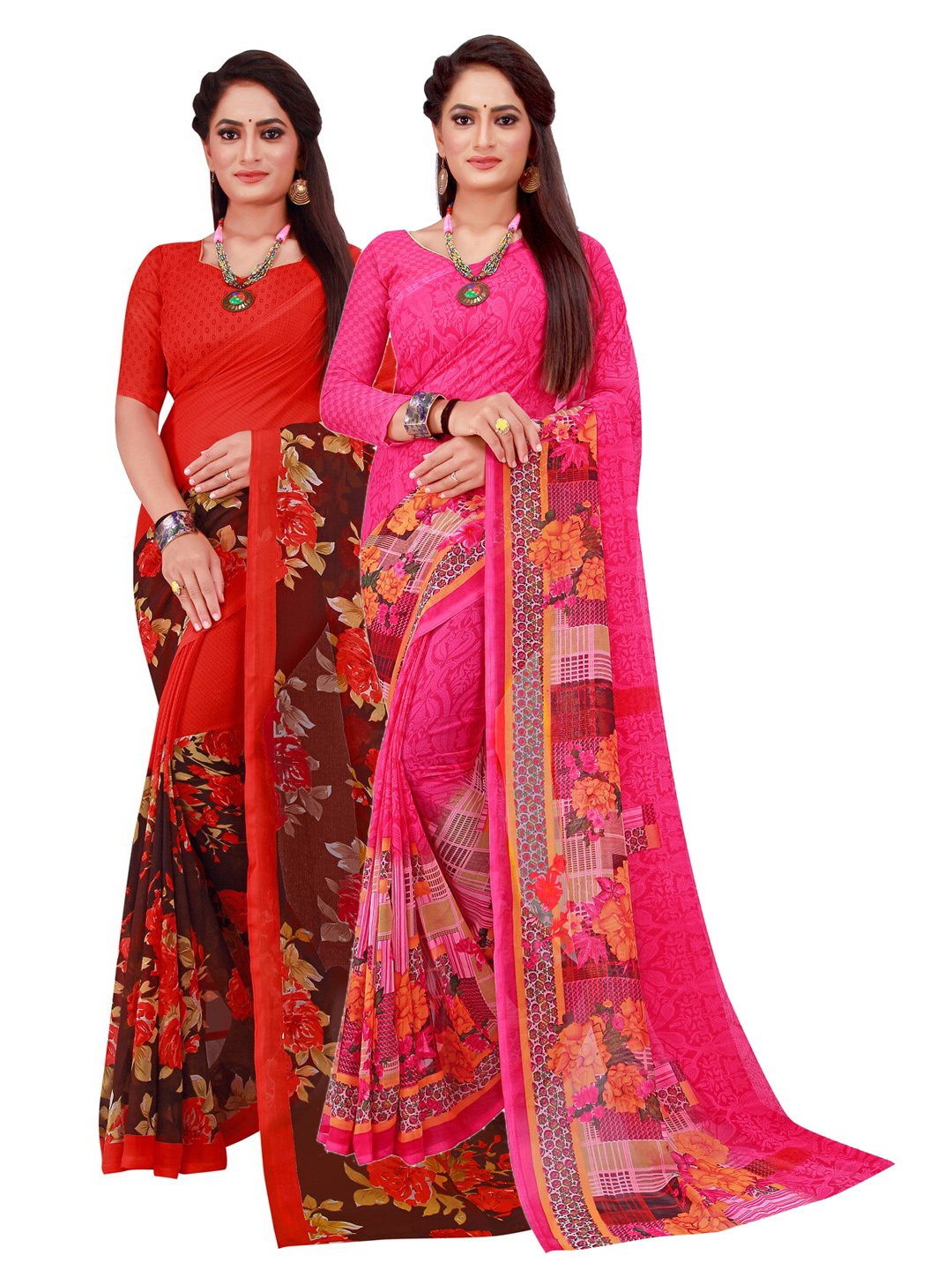 Florence Magenta & Brown Floral Pure Georgette Saree