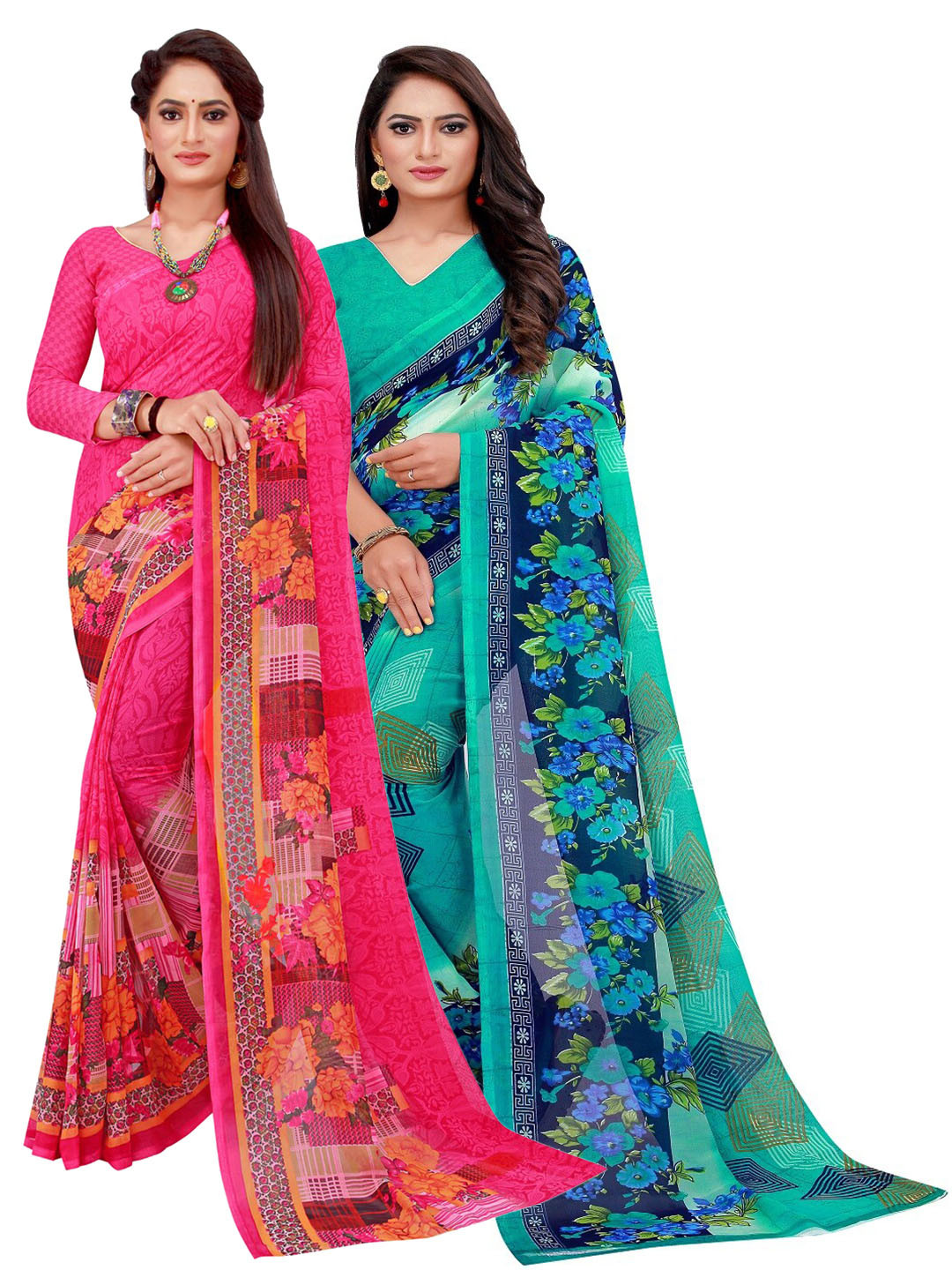 

Florence Turquoise Blue & Magenta Pure Georgette Saree