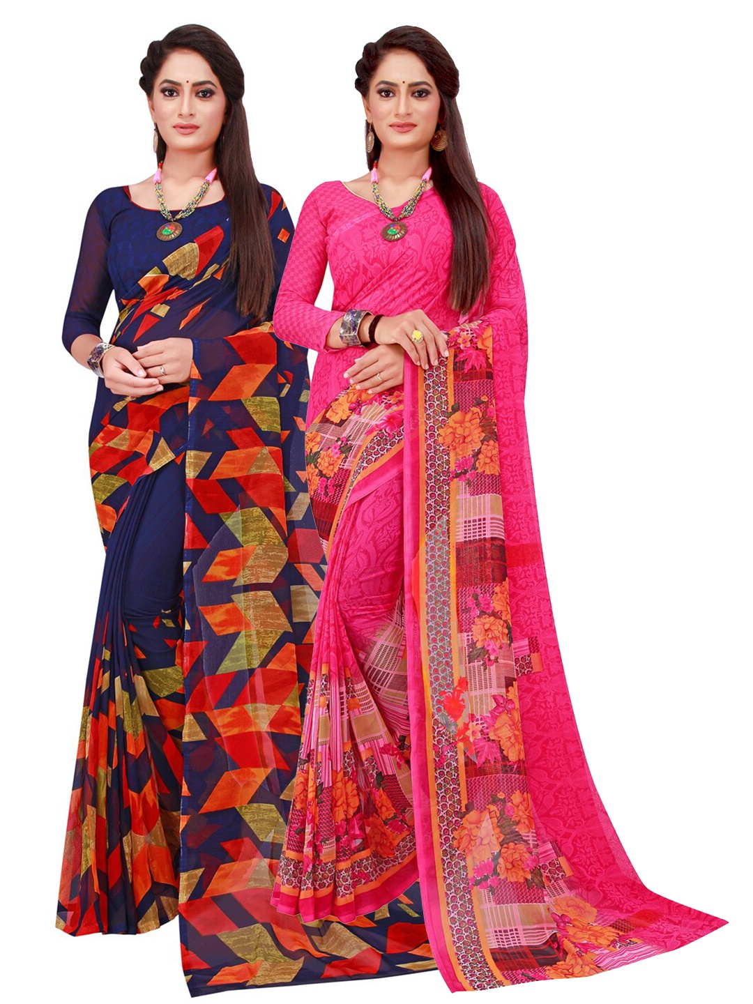 

Florence Navy Blue & Magenta Floral Pure Georgette Saree