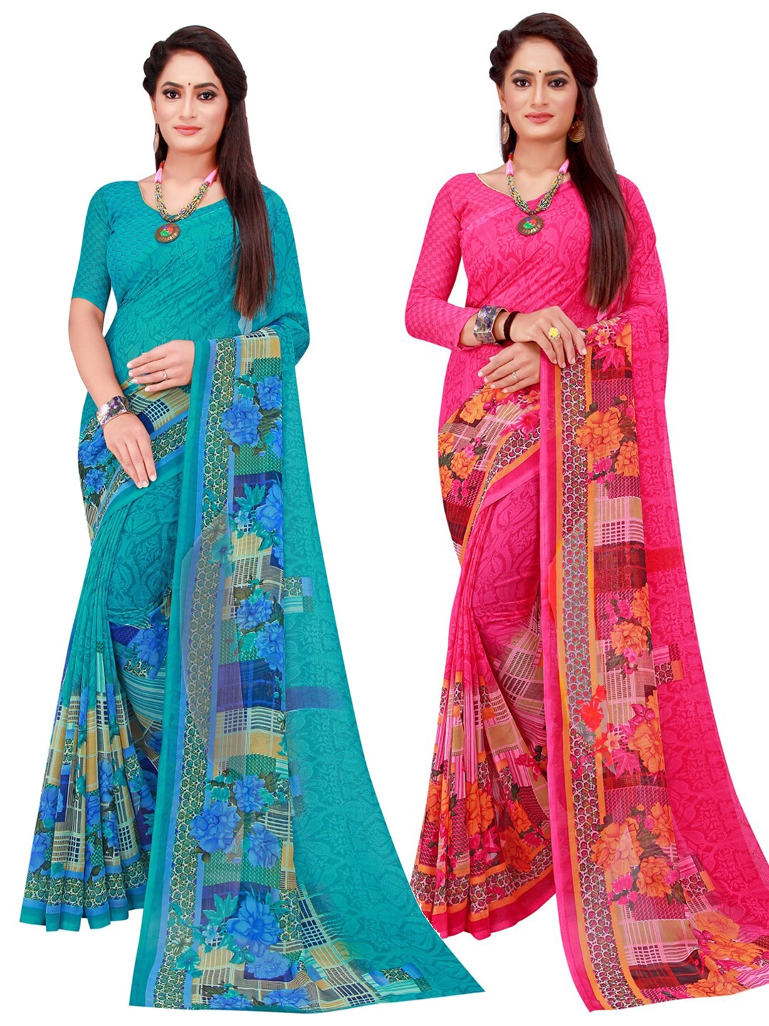 

Florence Turquoise Blue & Pink Floral Pure Georgette Saree
