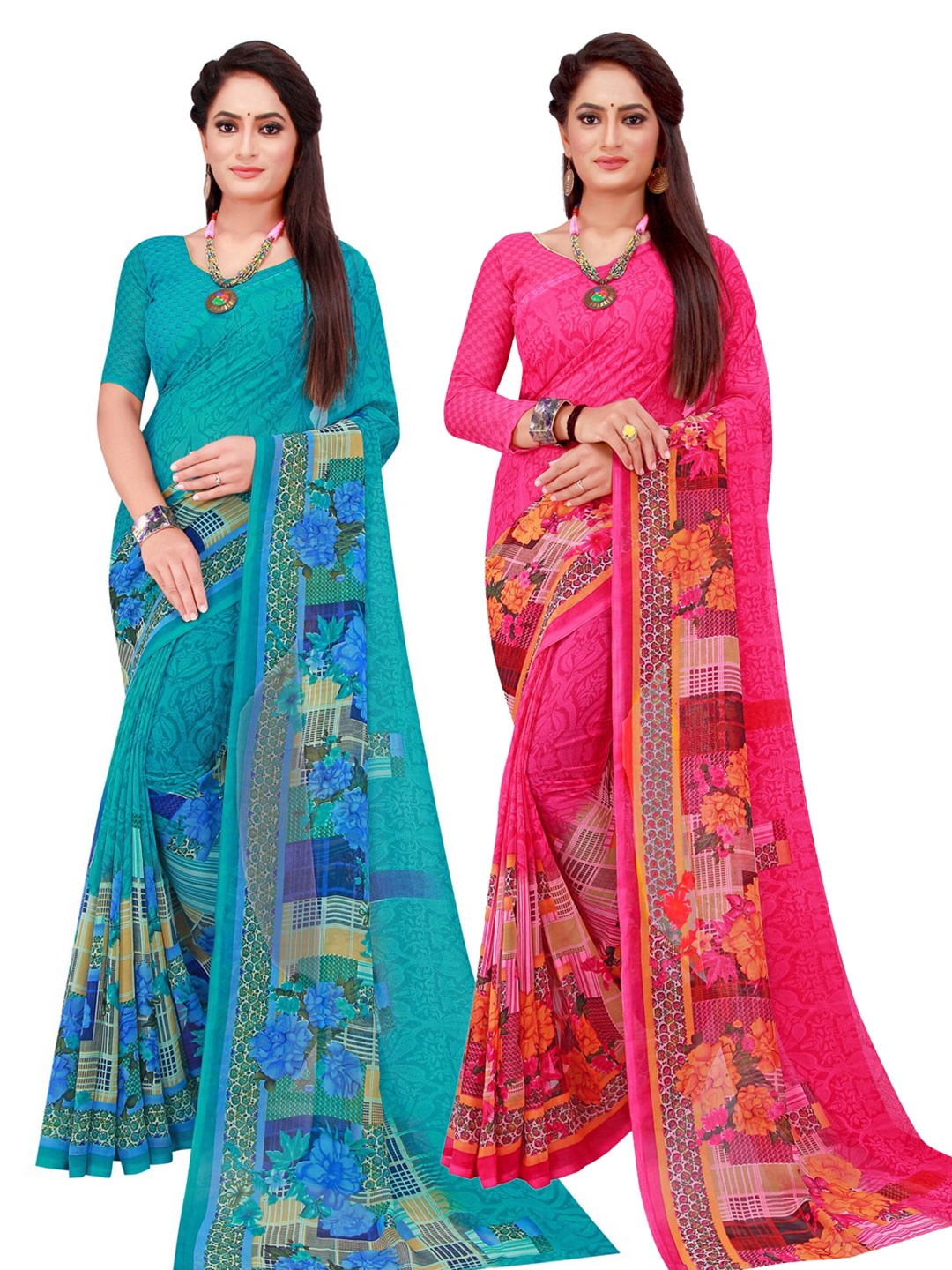 

Florence Red & Blue Floral Pure Georgette Saree