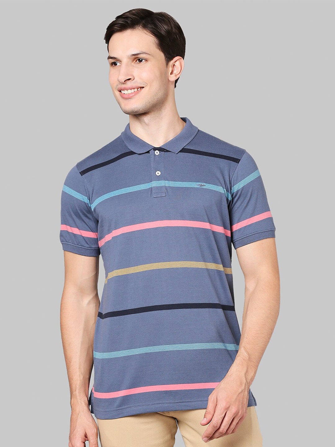 

Park Avenue Men Grey Striped Mandarin Collar Slim Fit T-shirt
