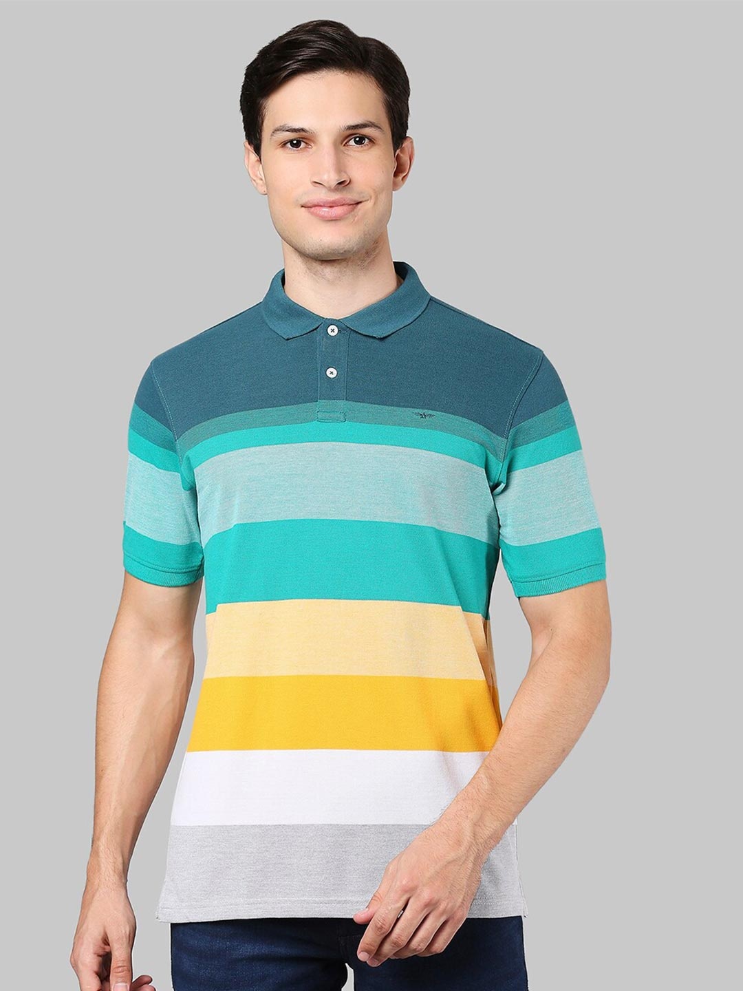 

Park Avenue Men Green Striped Mandarin Collar Slim Fit T-shirt