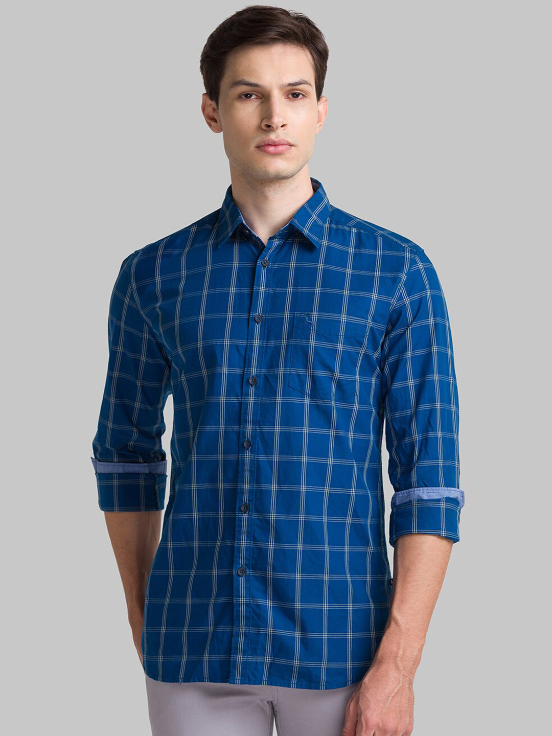 

Parx Men Blue Slim Fit Windowpane Checks Checked Casual Shirt