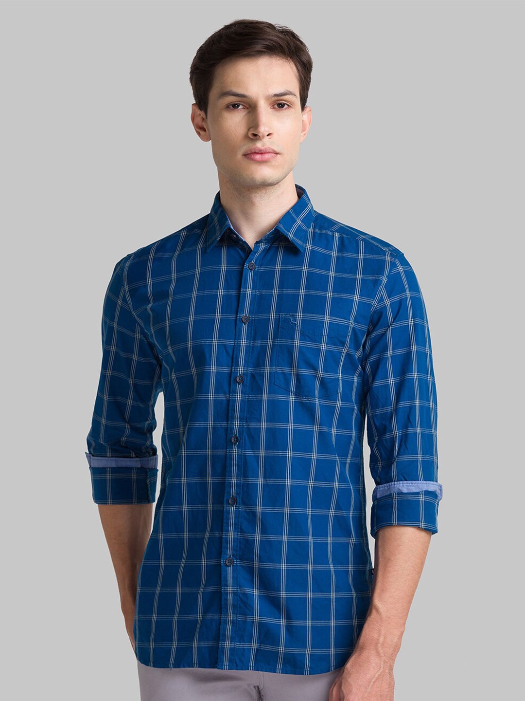 

Parx Men Blue Slim Fit Windowpane Checks Checked Casual Shirt