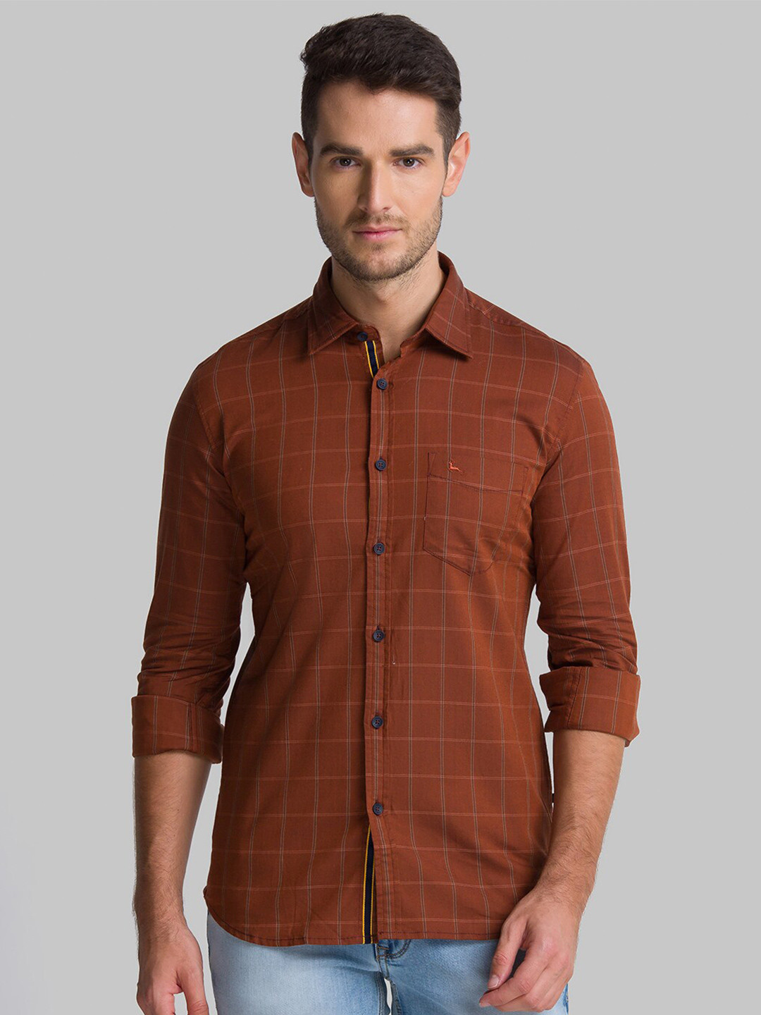 

Parx Men Brown Slim Fit Windowpane Checks Checked Casual Shirt
