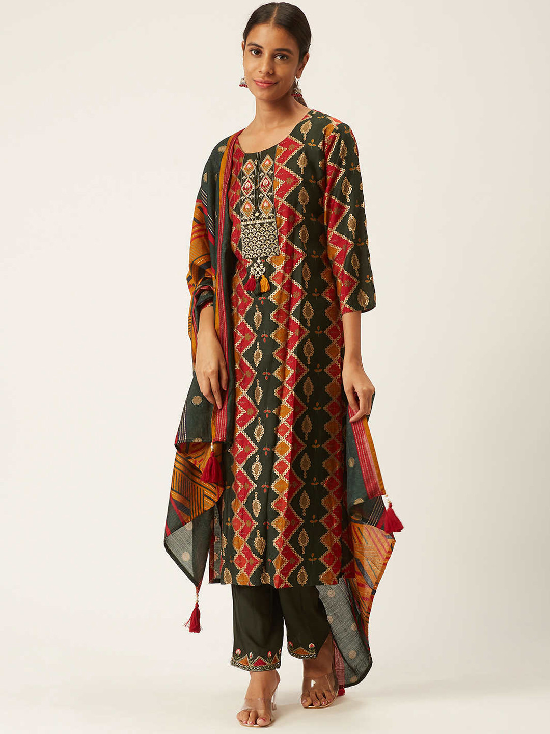 

ZOLA Women Green Empire Kurti with Trousers & With Dupatta