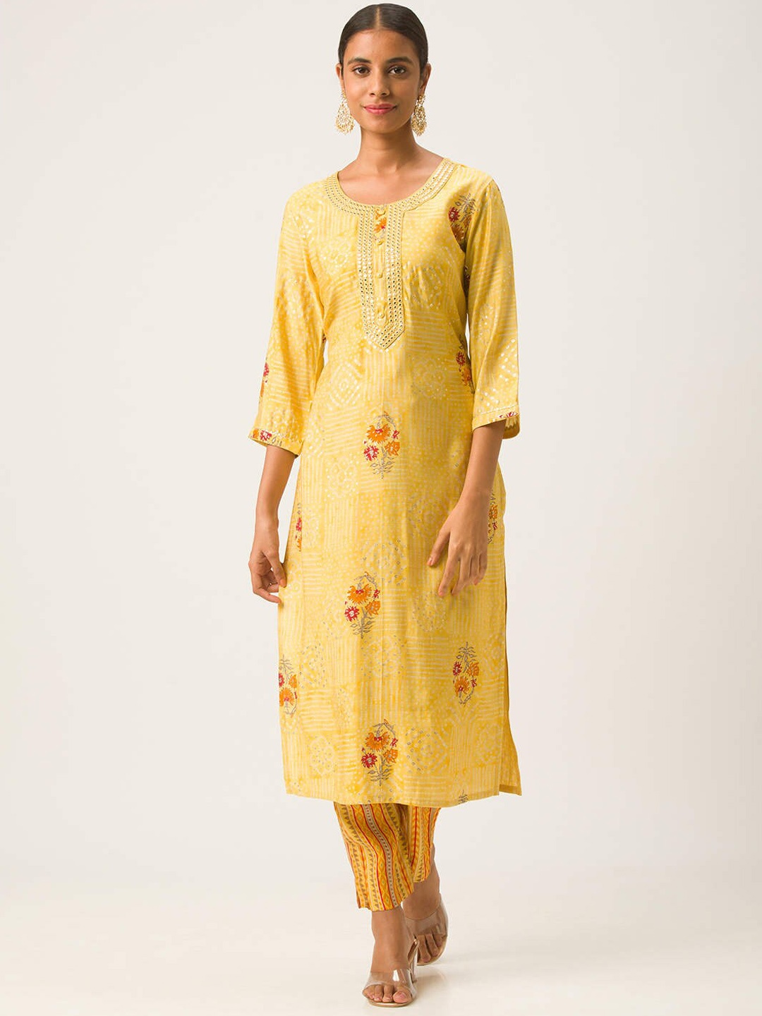 

ZOLA Women Yellow Floral Embroidered Layered Kurti with Trousers & With Dupatta