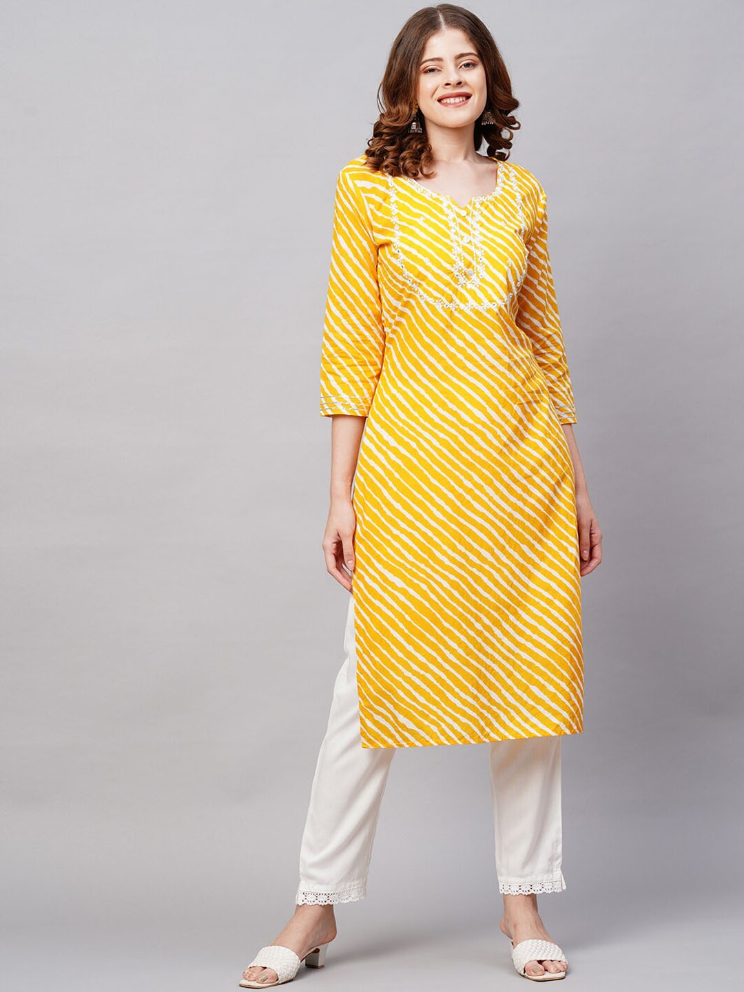 

FASHOR Women Yellow Leheriya Printed Thread Work Kaftan Kurta