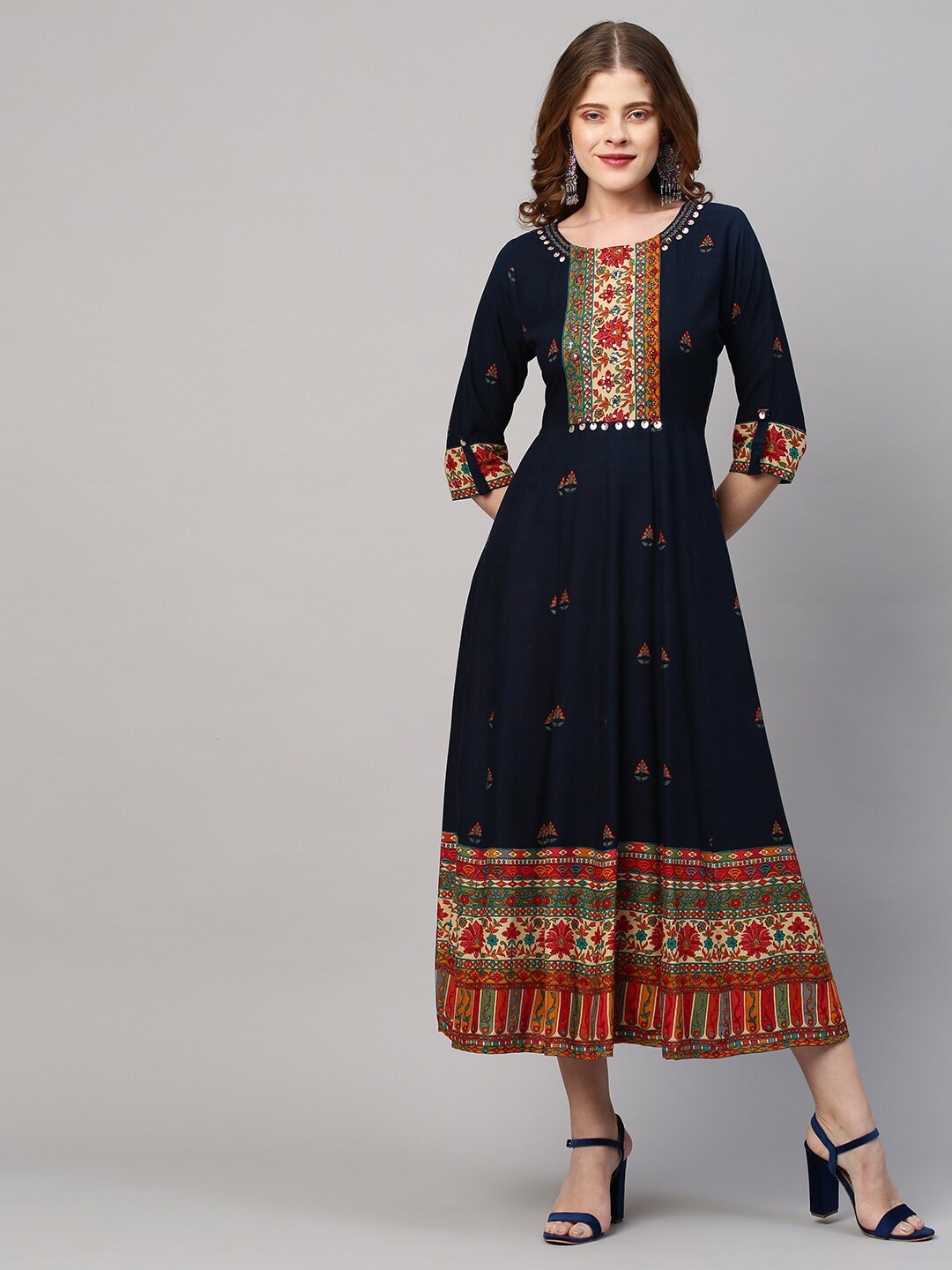 

FASHOR Navy Blue Ethnic Motifs Ethnic A-Line Midi Dress