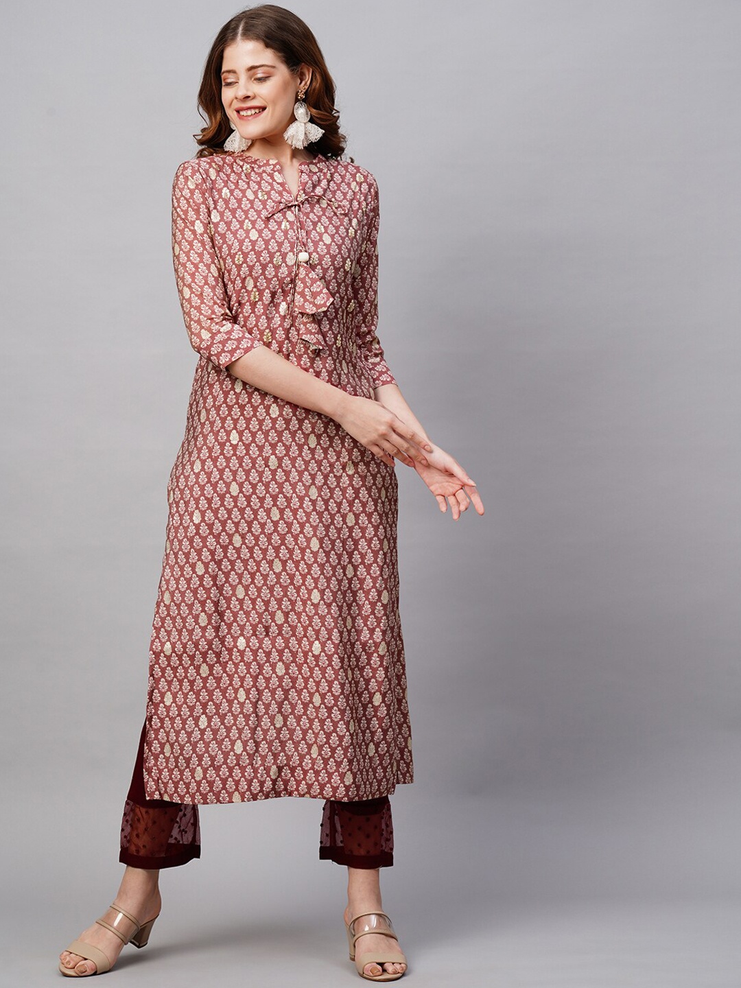 

FASHOR Women Mauve Ethnic Motifs Printed Flared Sleeves Kurta