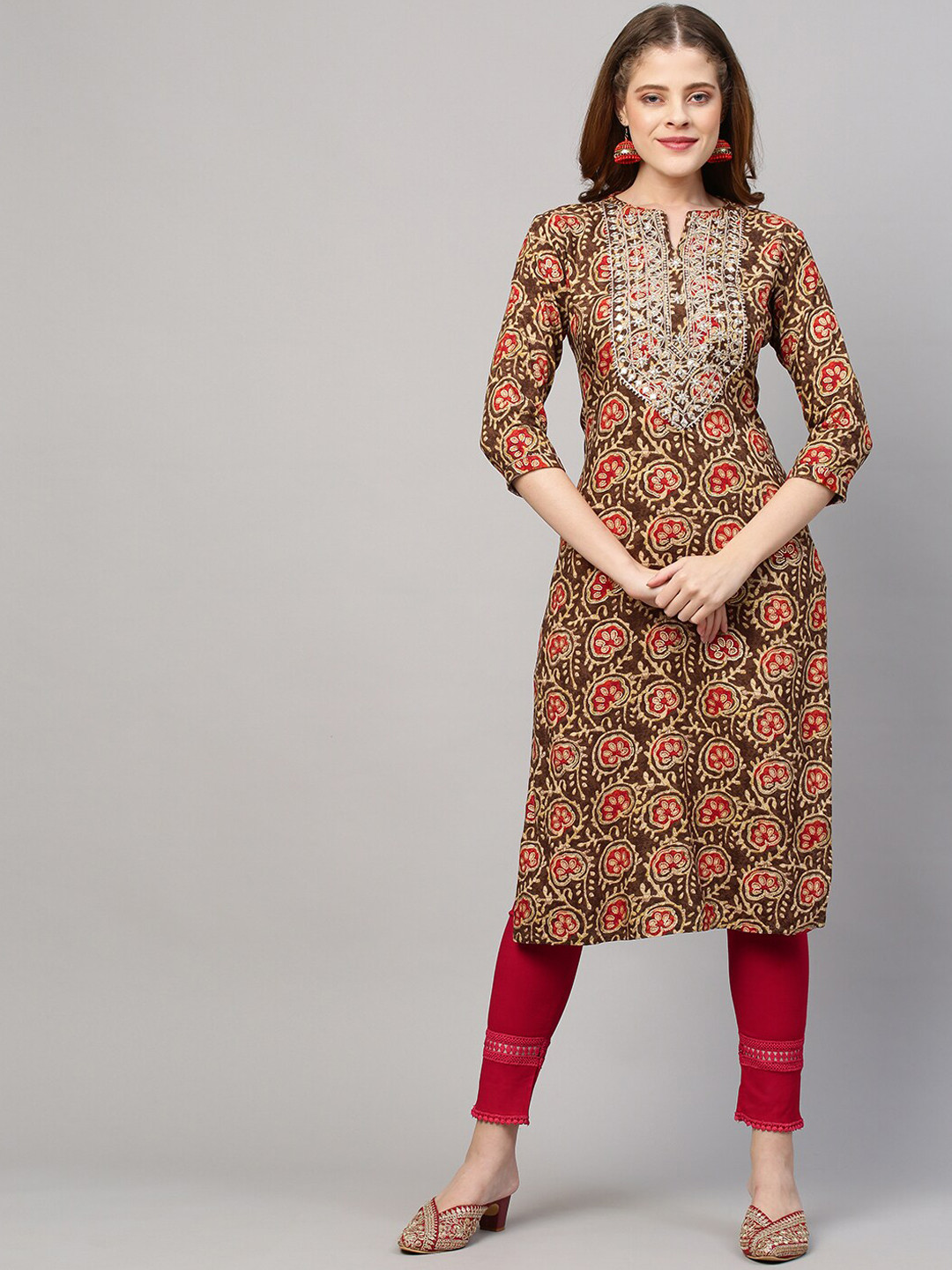 

FASHOR Women Brown Ethnic Motifs Printed Thread Work Kurta