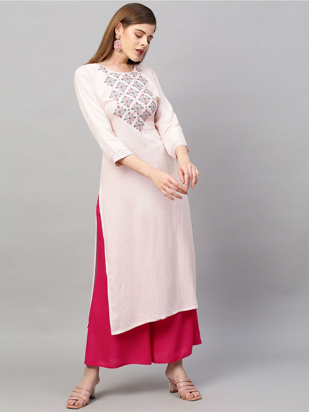 

FASHOR Women Pink Floral Yoke Design Patchwork Anarkali Kurta