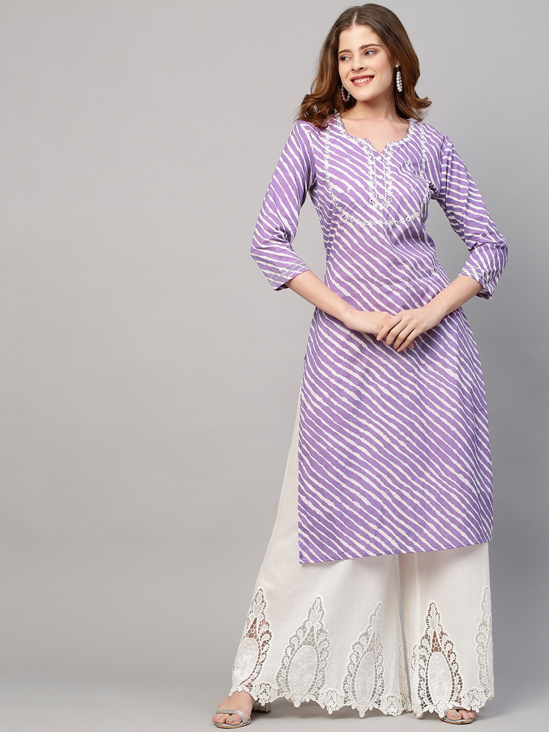 

FASHOR Women Purple Striped Thread Work Kurta