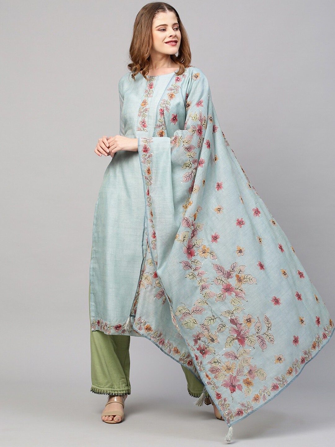 

FASHOR Women Blue Floral Embroidered Chanderi Silk Kurta