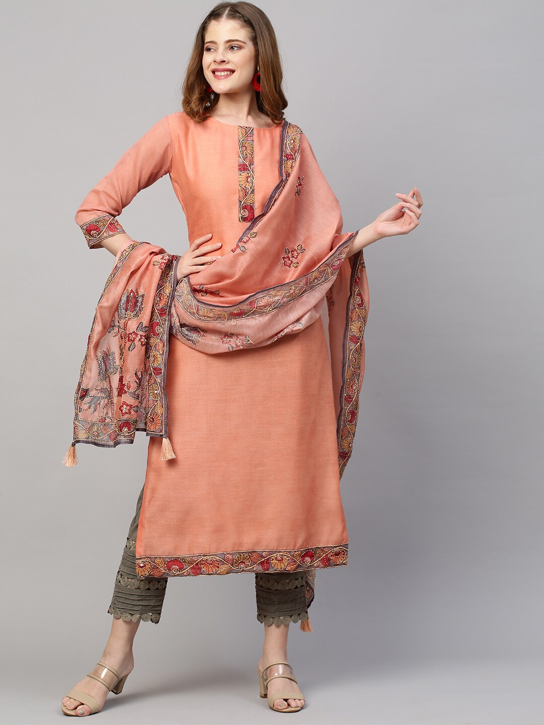 

FASHOR Women Orange Printed Flared Sleeves Thread Work Chanderi Silk Kurta