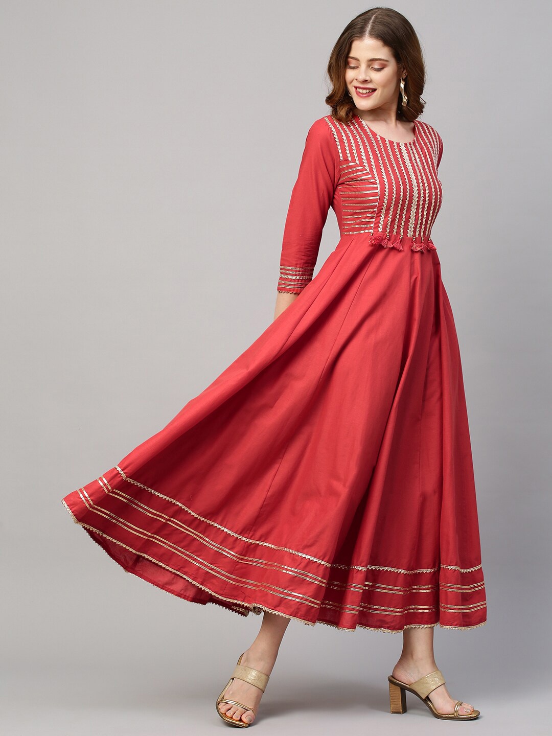 

FASHOR Red Ethnic Motifs Checked Ethnic Maxi Dress