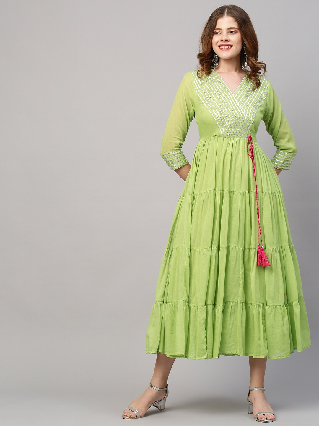 

FASHOR Green Ethnic Motifs Ethnic Empire Midi Dress