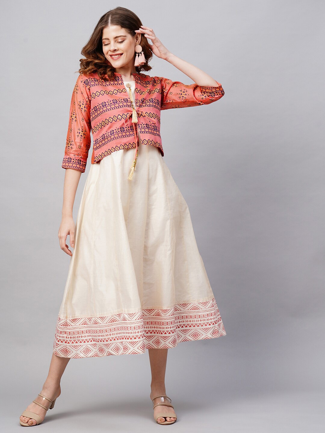 

FASHOR Off White Ethnic Motifs Maxi Dress
