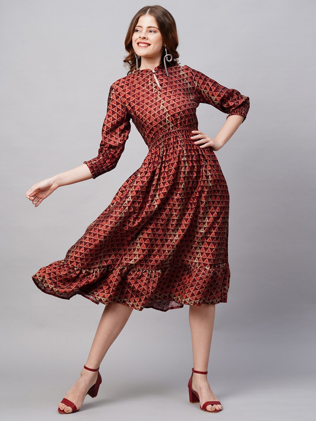 

FASHOR Maroon Floral Tie-Up Neck Midi Dress