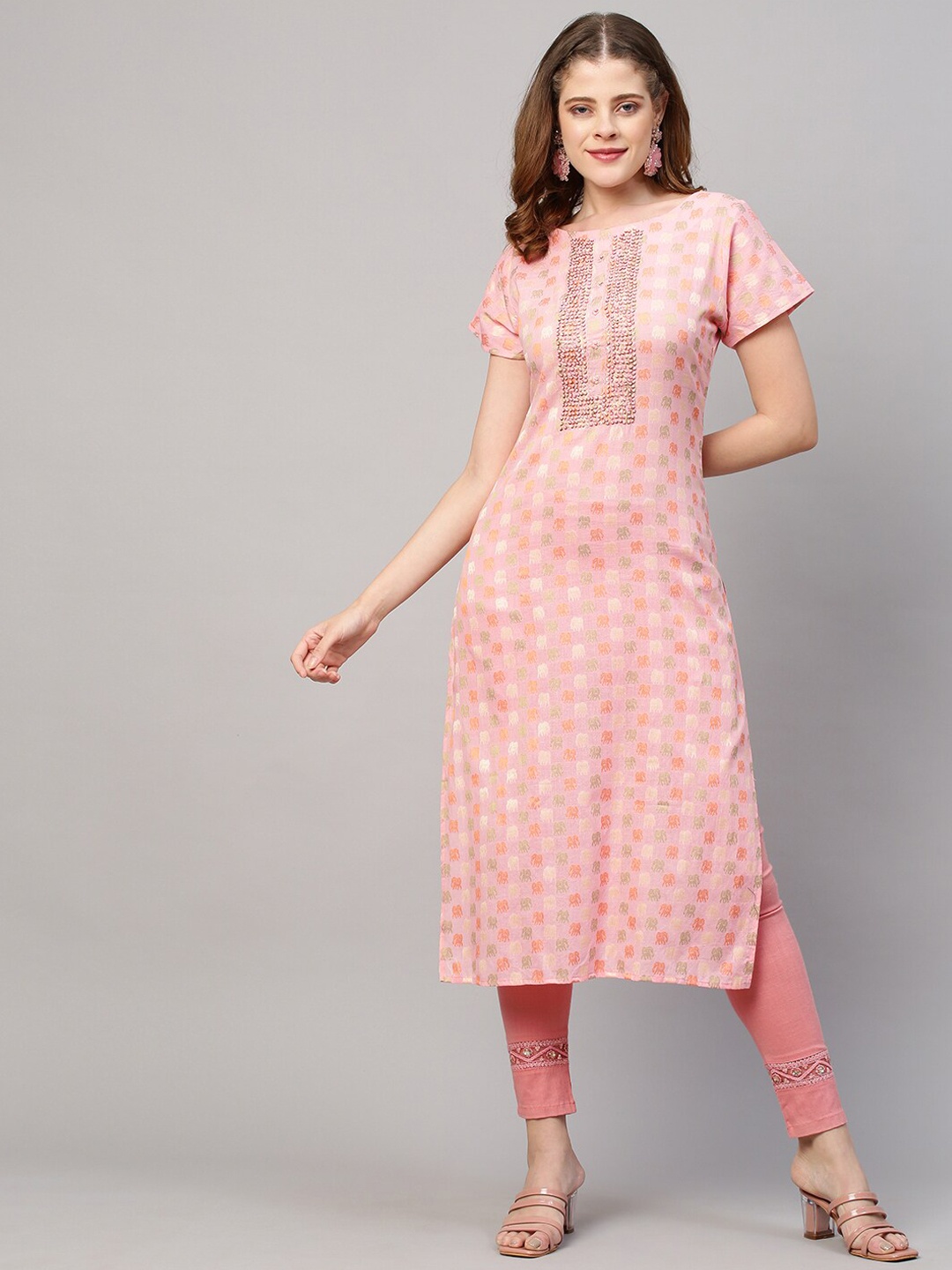 

FASHOR Women Pink Ethnic Motifs Printed Mirror Work Kurta