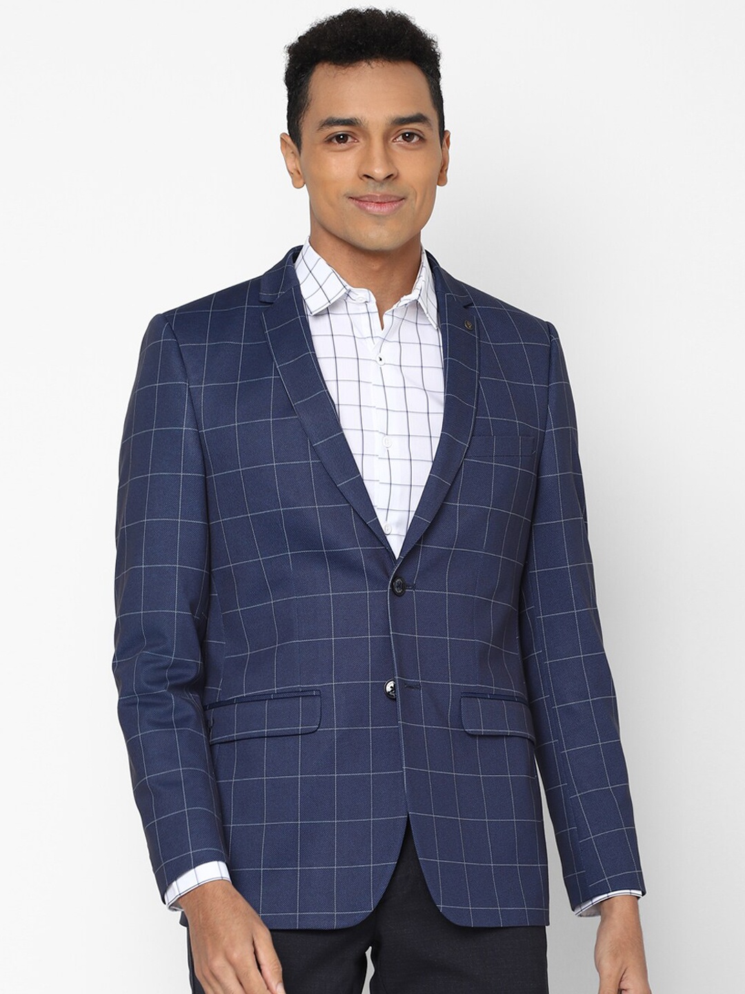 

Allen Solly Men Navy Blue Checked Slim-Fit Single-Breasted Formal Blazers
