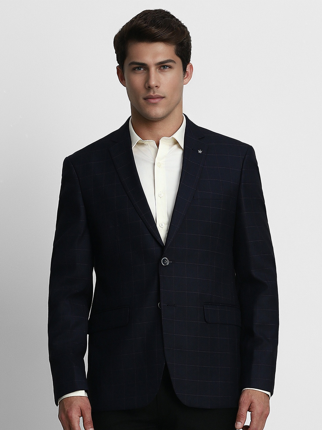 

Louis Philippe Men Navy Blue Checked Single-Breasted Slim-Fit Formal Blazers