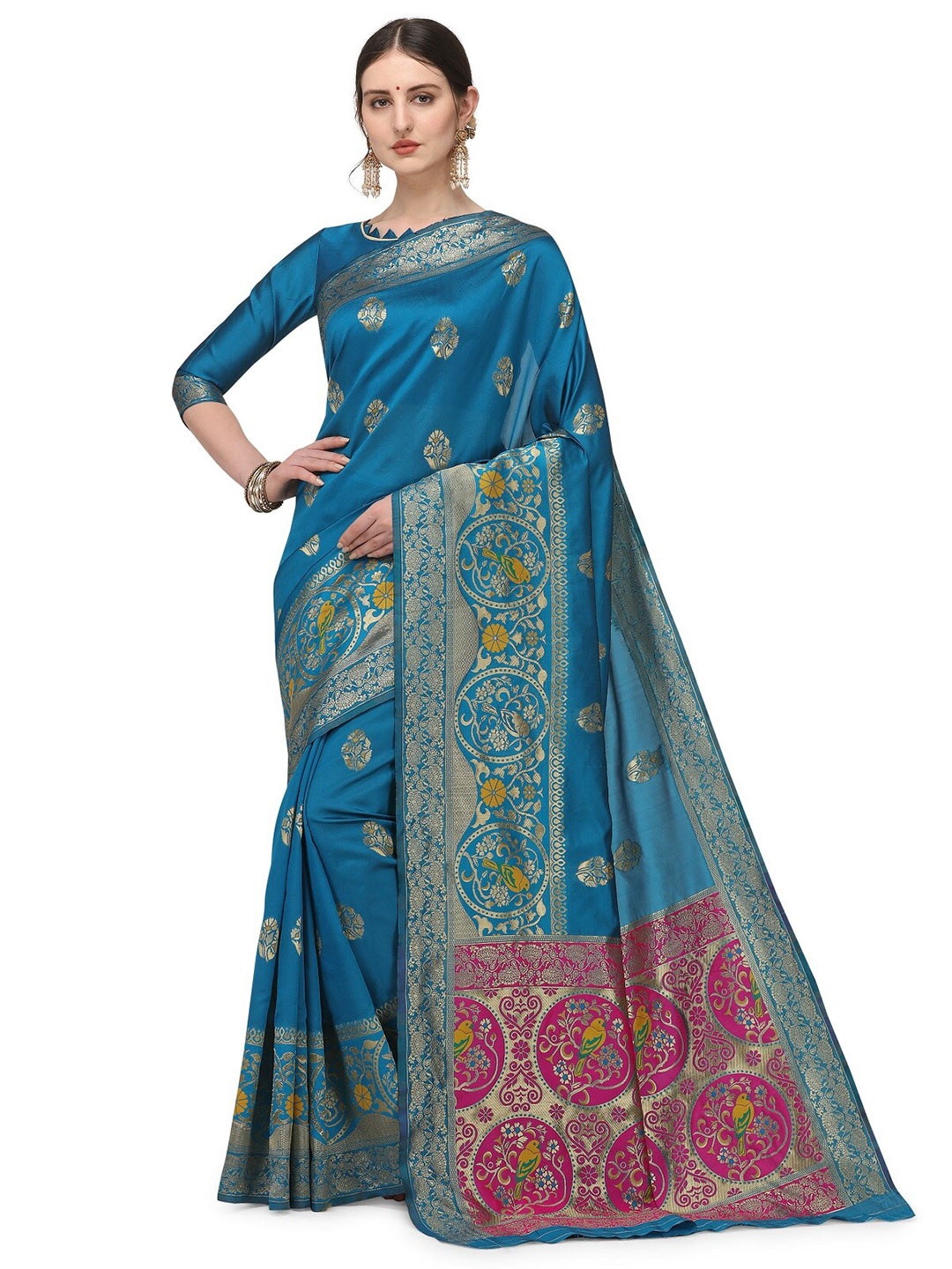 

KALINI Blue & Fuchsia Woven Design Zari Silk Cotton Banarasi Saree