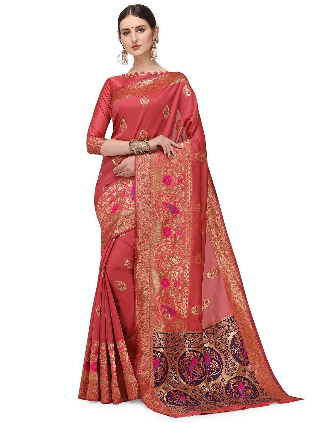 

KALINI Pink & Gold-Toned Woven Design Zari Silk Cotton Banarasi Saree