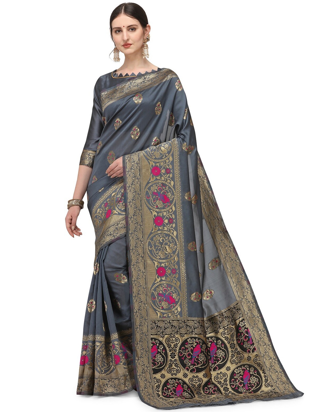 

KALINI Grey & Black Woven Design Zari Silk Cotton Banarasi Saree