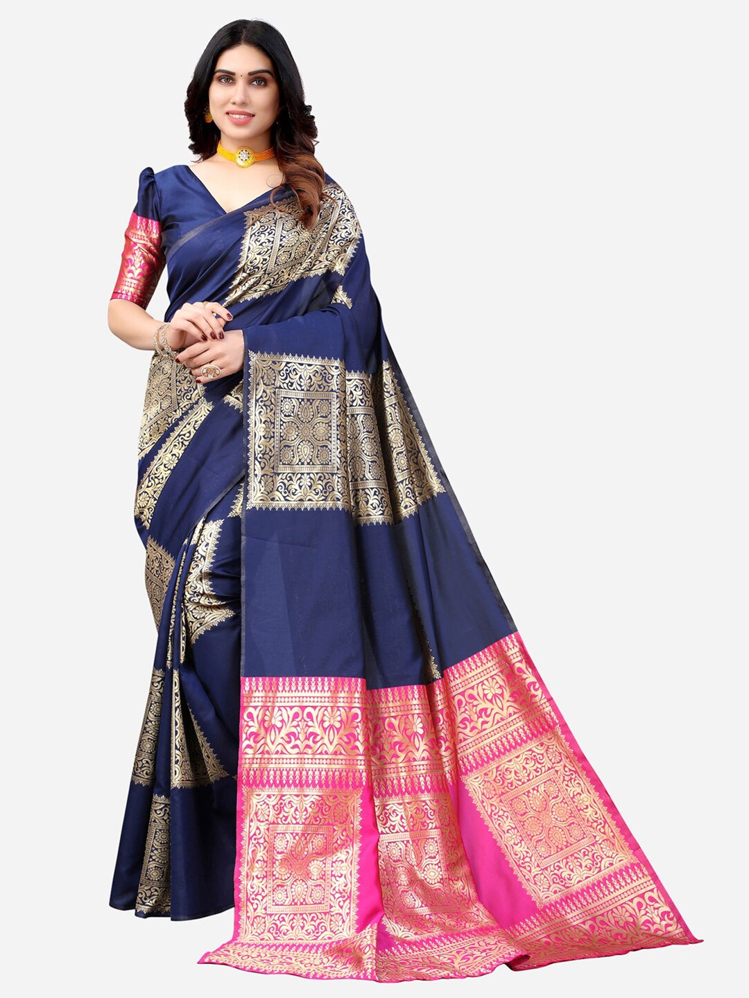 

KALINI Navy Blue & Gold-Toned Woven Design Zari Banarasi Saree