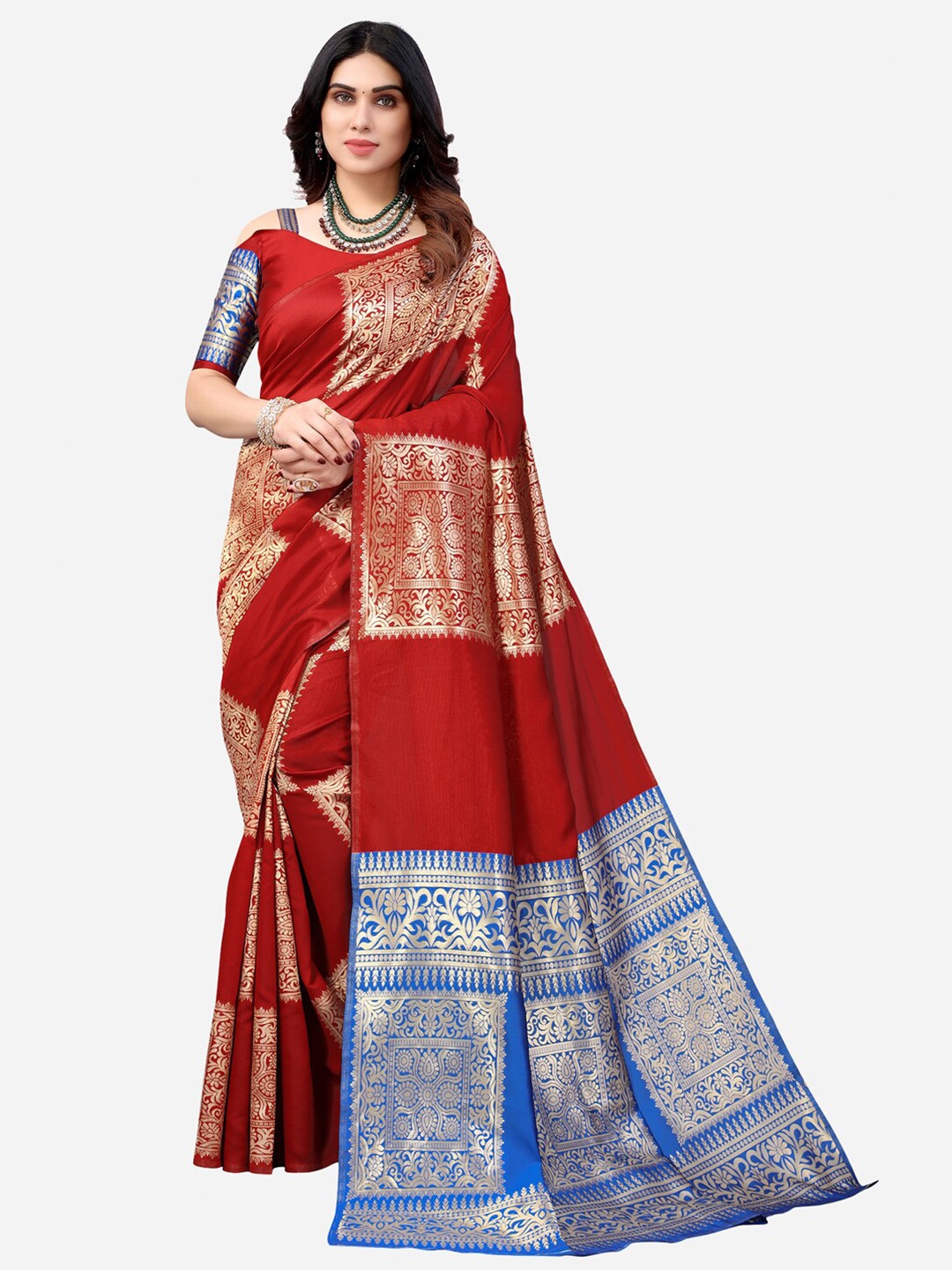 

KALINI Red & Blue Woven Design Zari Banarasi Saree