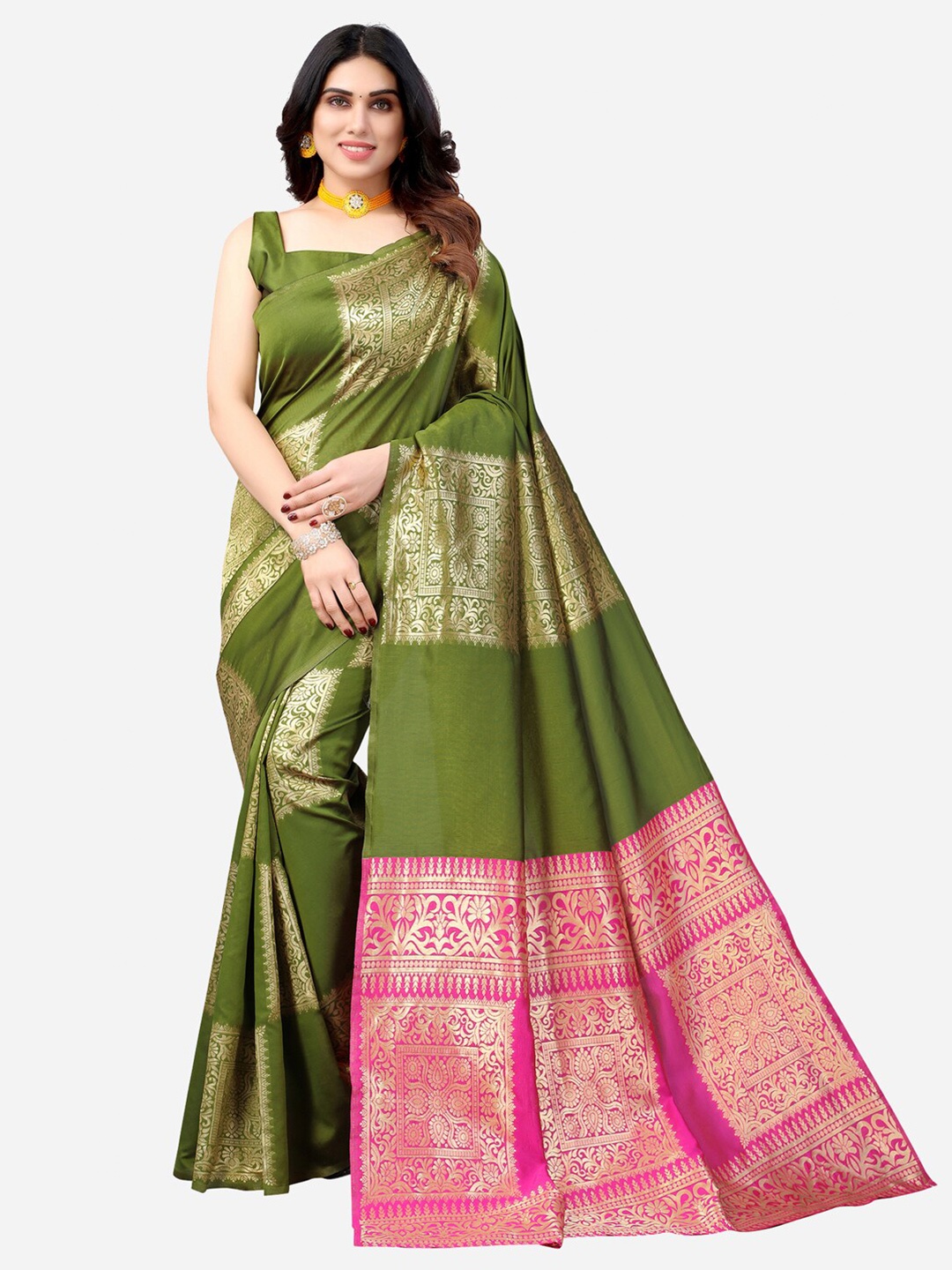 

KALINI Olive Green & Pink Woven Design Zari Banarasi Saree