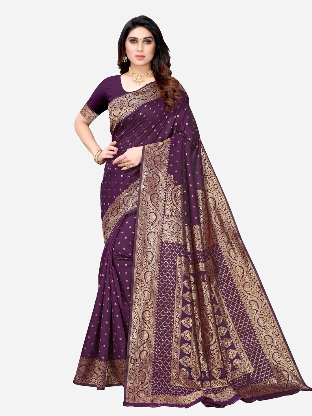 

KALINI Purple & Gold-Toned Woven Design Zari Banarasi Saree