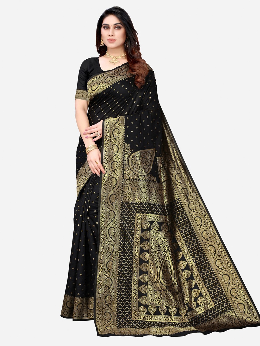 

KALINI Black & Gold-Toned Woven Design Zari Banarasi Saree