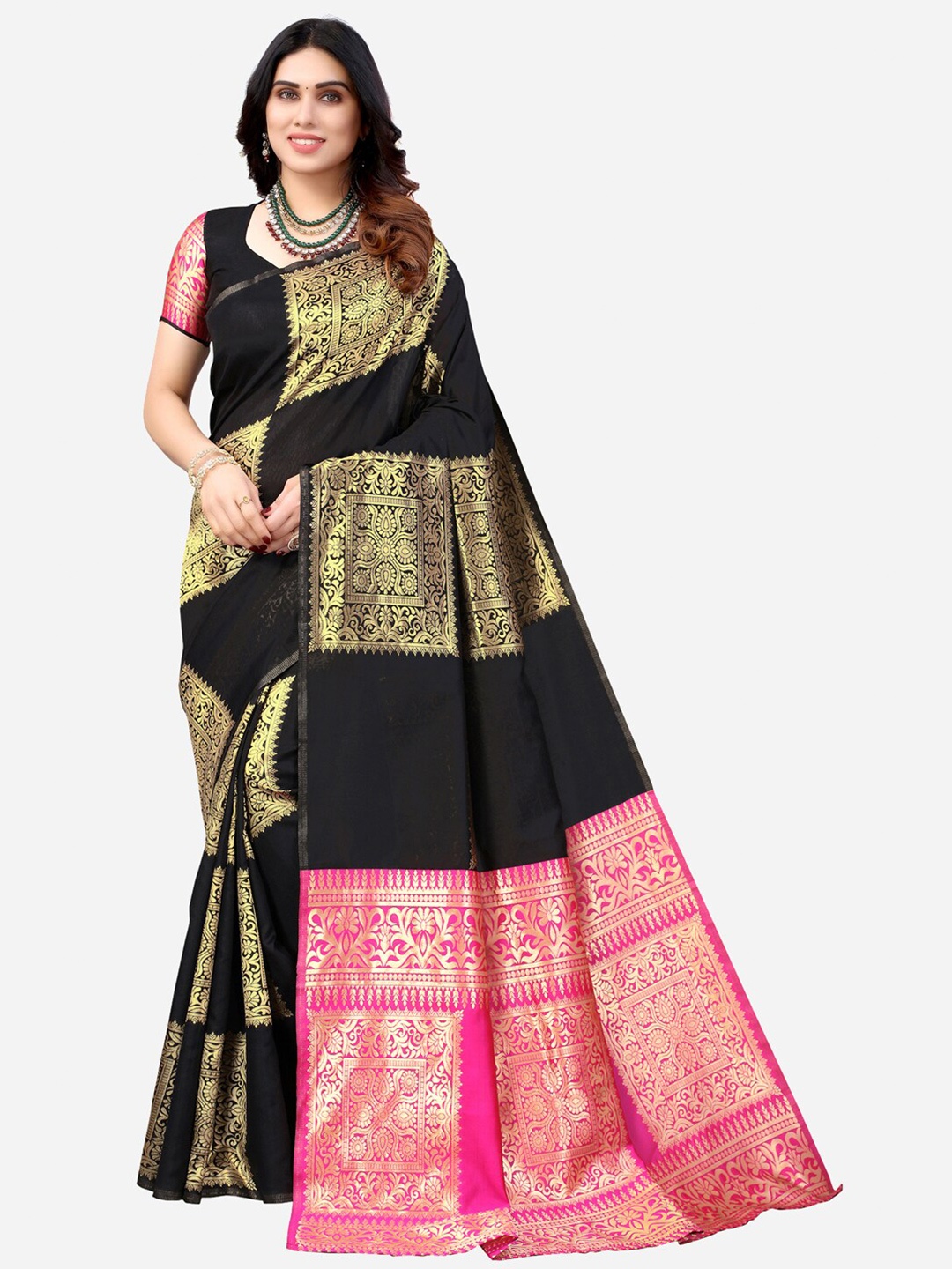 

KALINI Black & Pink Woven Design Zari Banarasi Saree