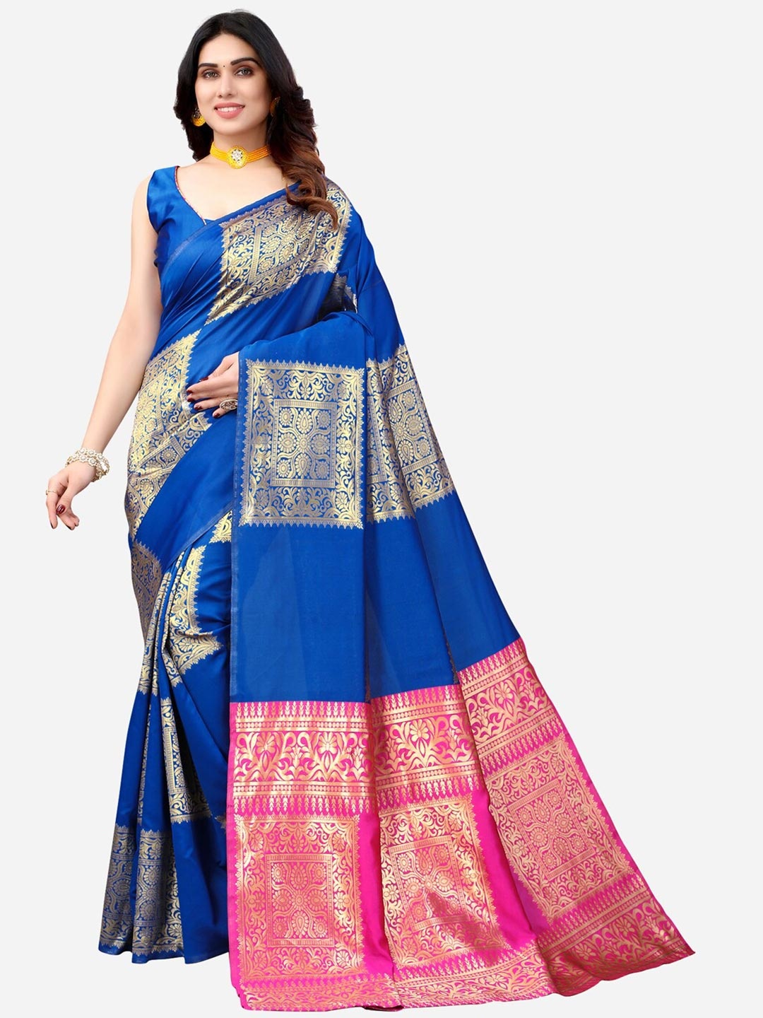 

KALINI Blue & Gold-Toned Woven Design Zari Banarasi Saree