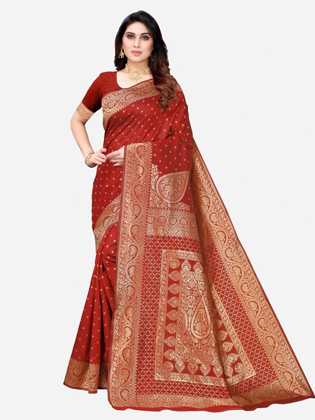 

KALINI Red & Gold-Toned Woven Design Zari Banarasi Saree