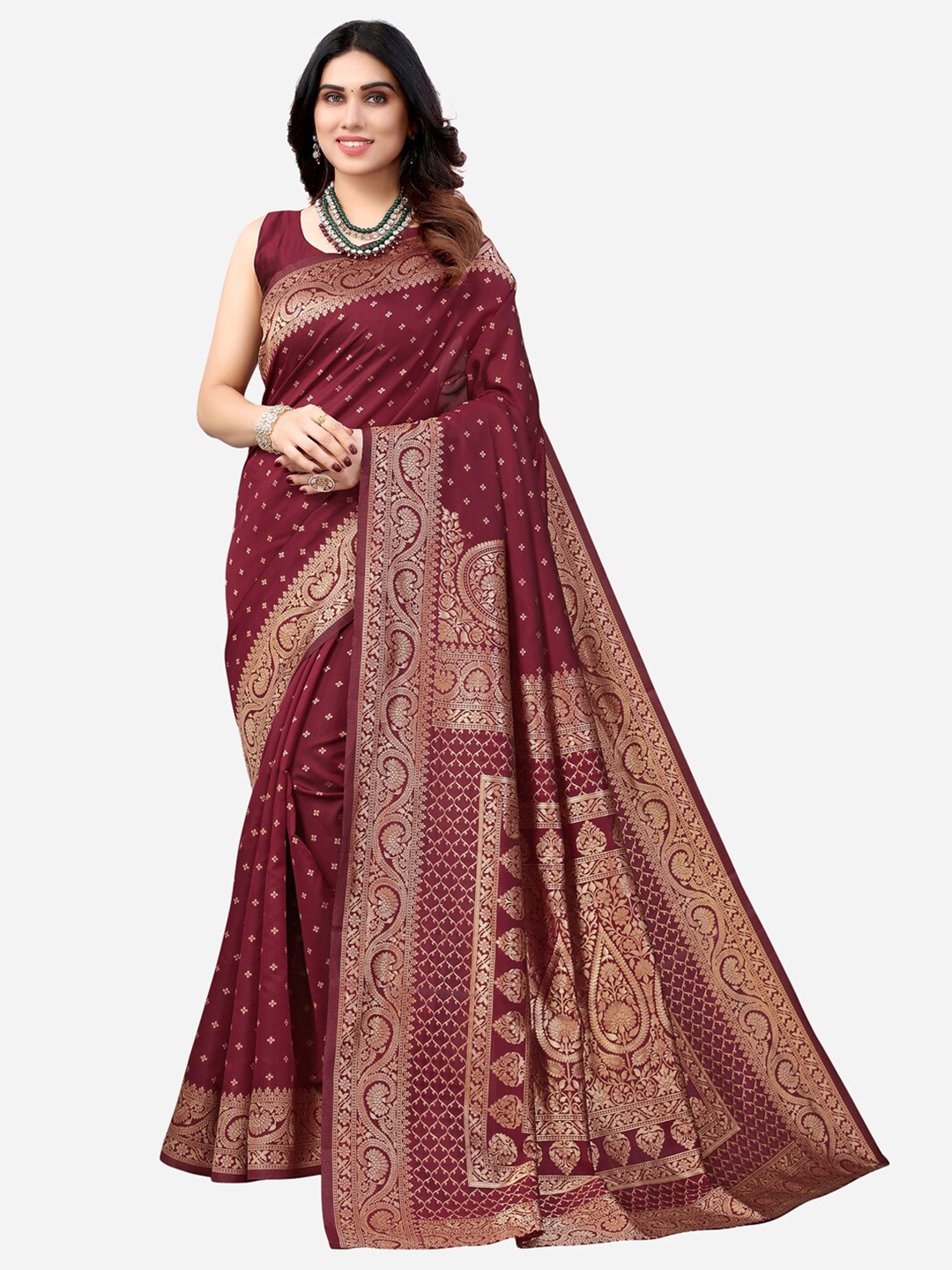 

KALINI Maroon & Gold-Toned Woven Design Zari Banarasi Saree