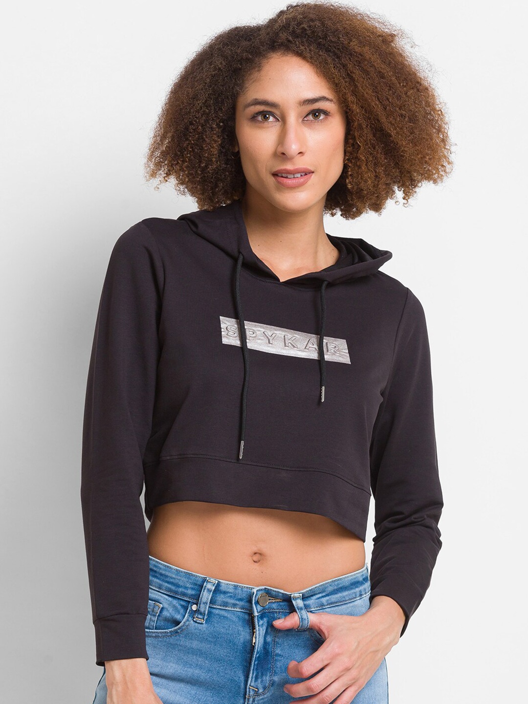 

SPYKAR Women Black Printed Hooded Sweatshirt
