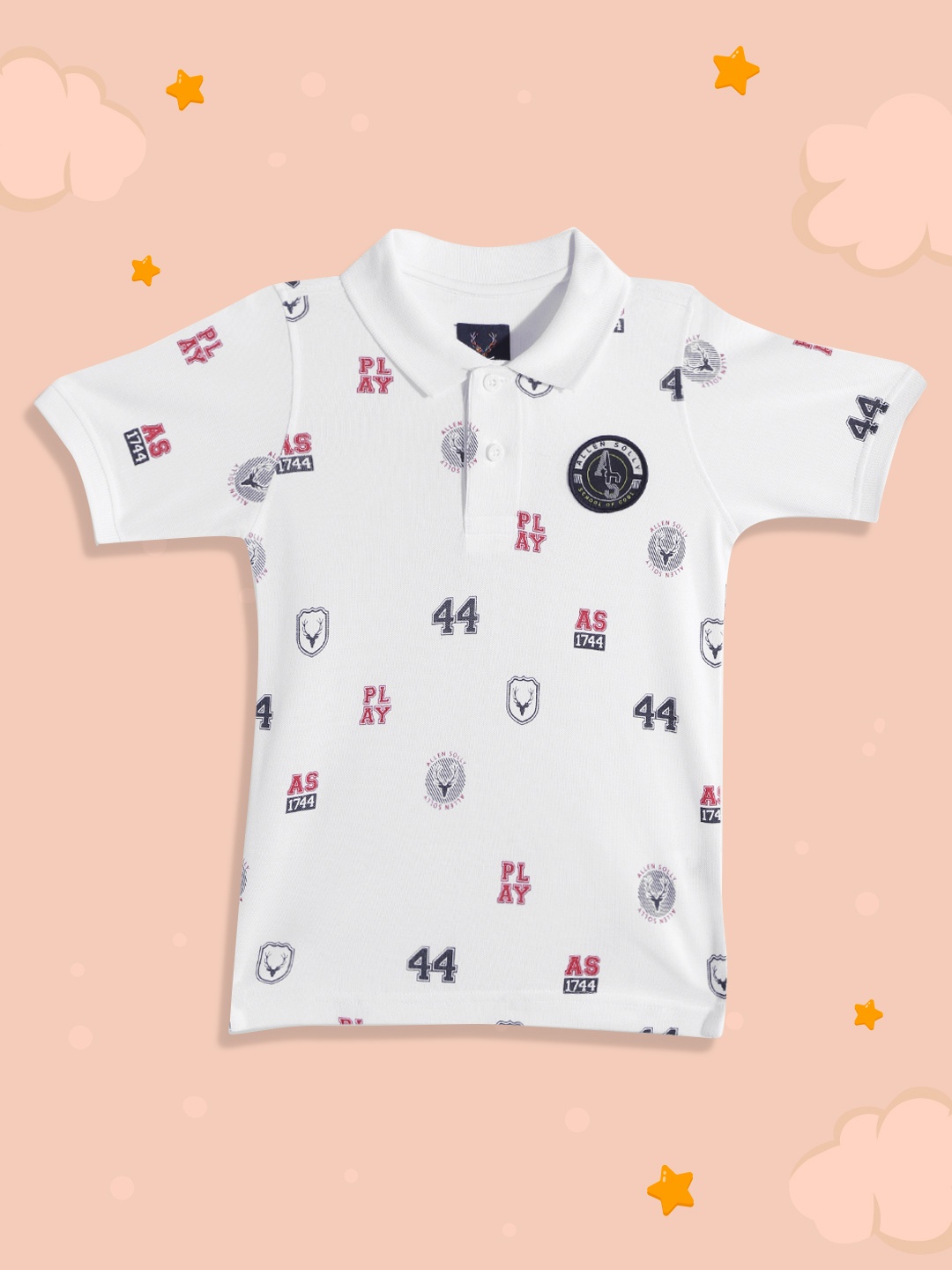 

Allen Solly Junior Boys White & Navy Blue Conversational Print Cotton Polo Collar T-shirt