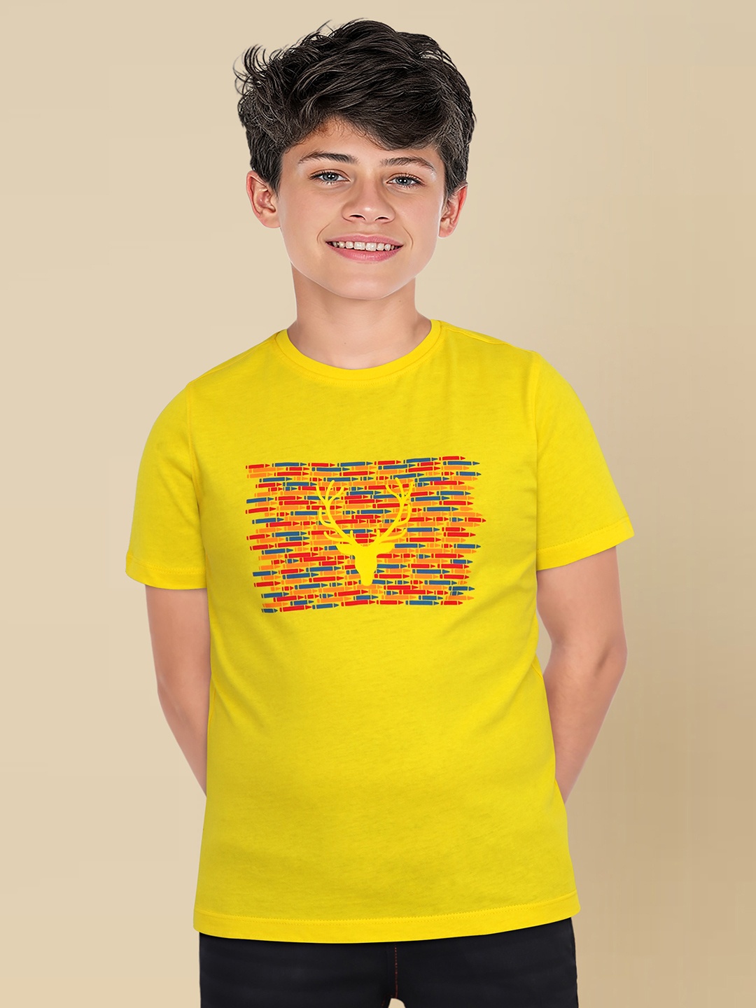 

Allen Solly Junior Boys Yellow & Orange Brand Logo Printed Cotton T-shirt