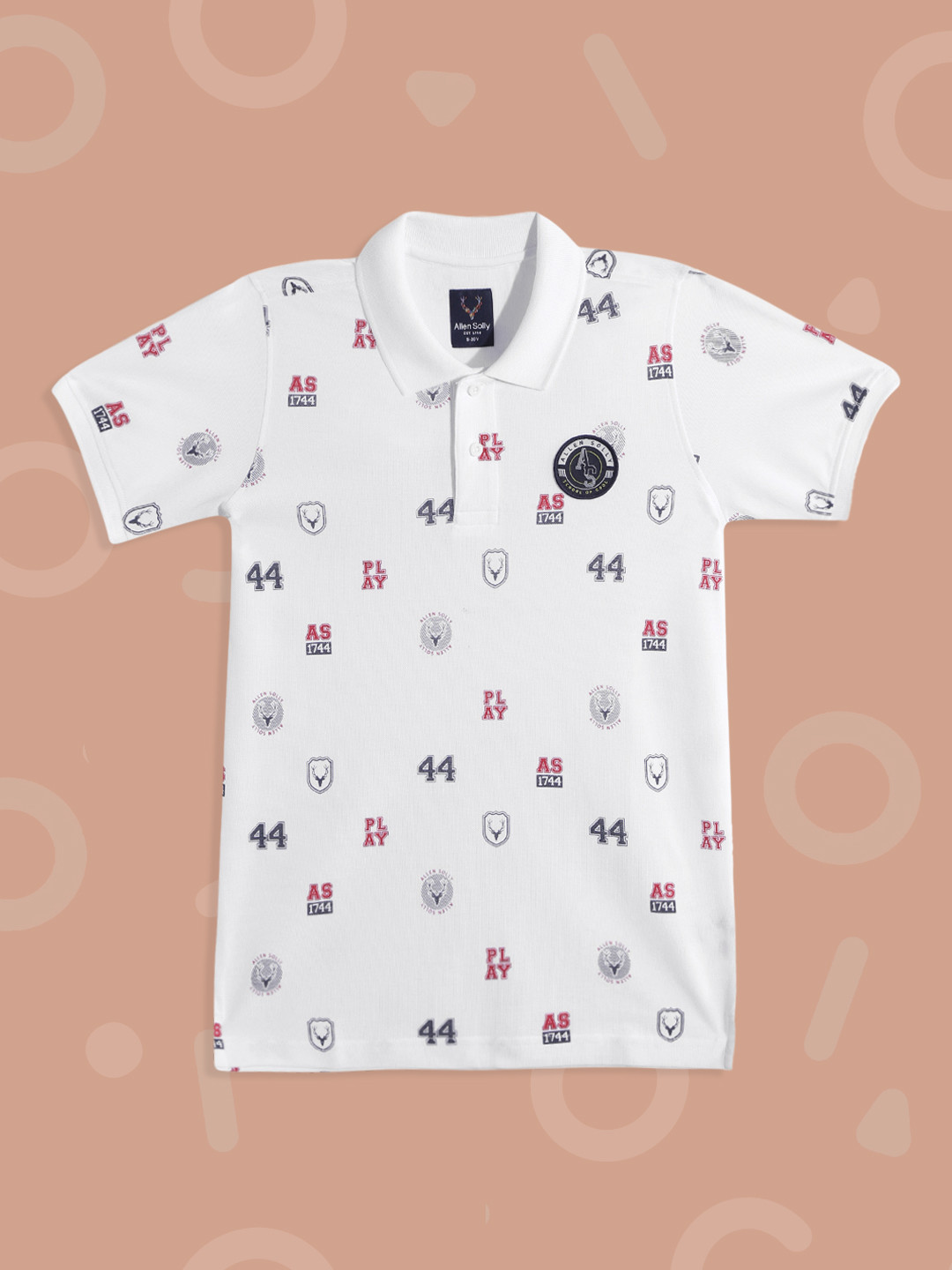 

Allen Solly Junior Boys White & Navy Blue Conversational Print Cotton Polo Collar T-shirt